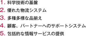 1.化学技術の基盤 2.優れた物流システム 3.多種多様な品揃え 4.顧客、パートナーへのサポートシステム 5.包括的な情報サービスの提供